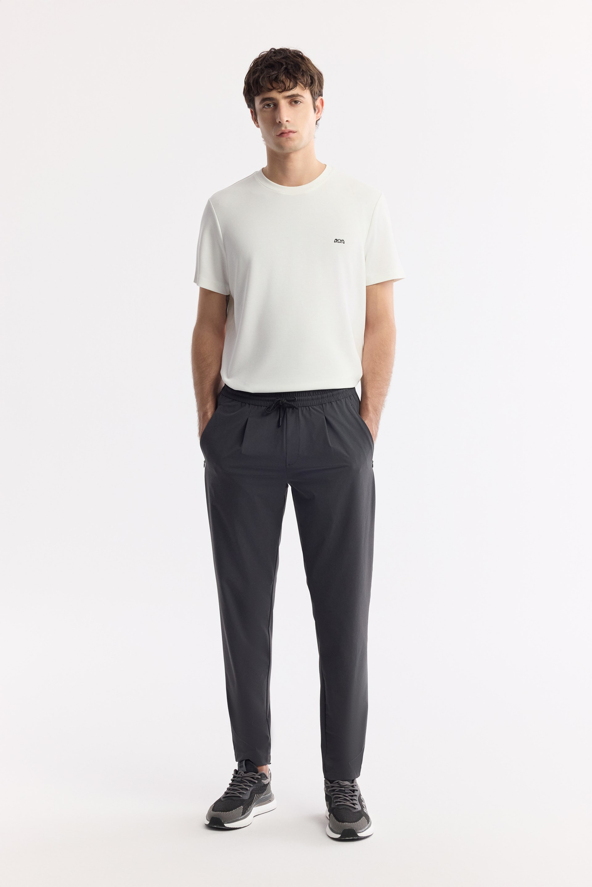 Anthracite Elastic Waist Drawstring Pleated Pants