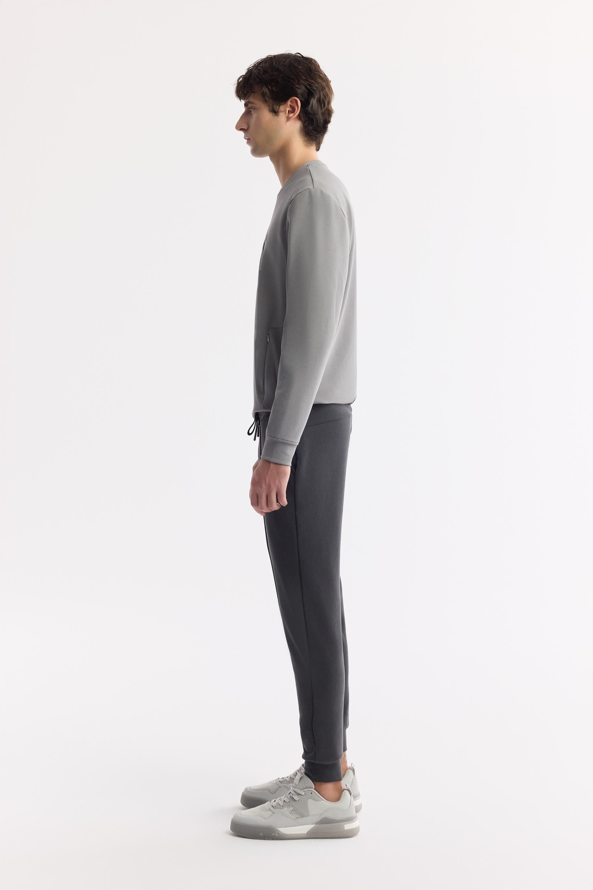 Antrasit Beli Lastikli Bağcıklı Yandan Cepli Nervürlü Soft Touch Jogger