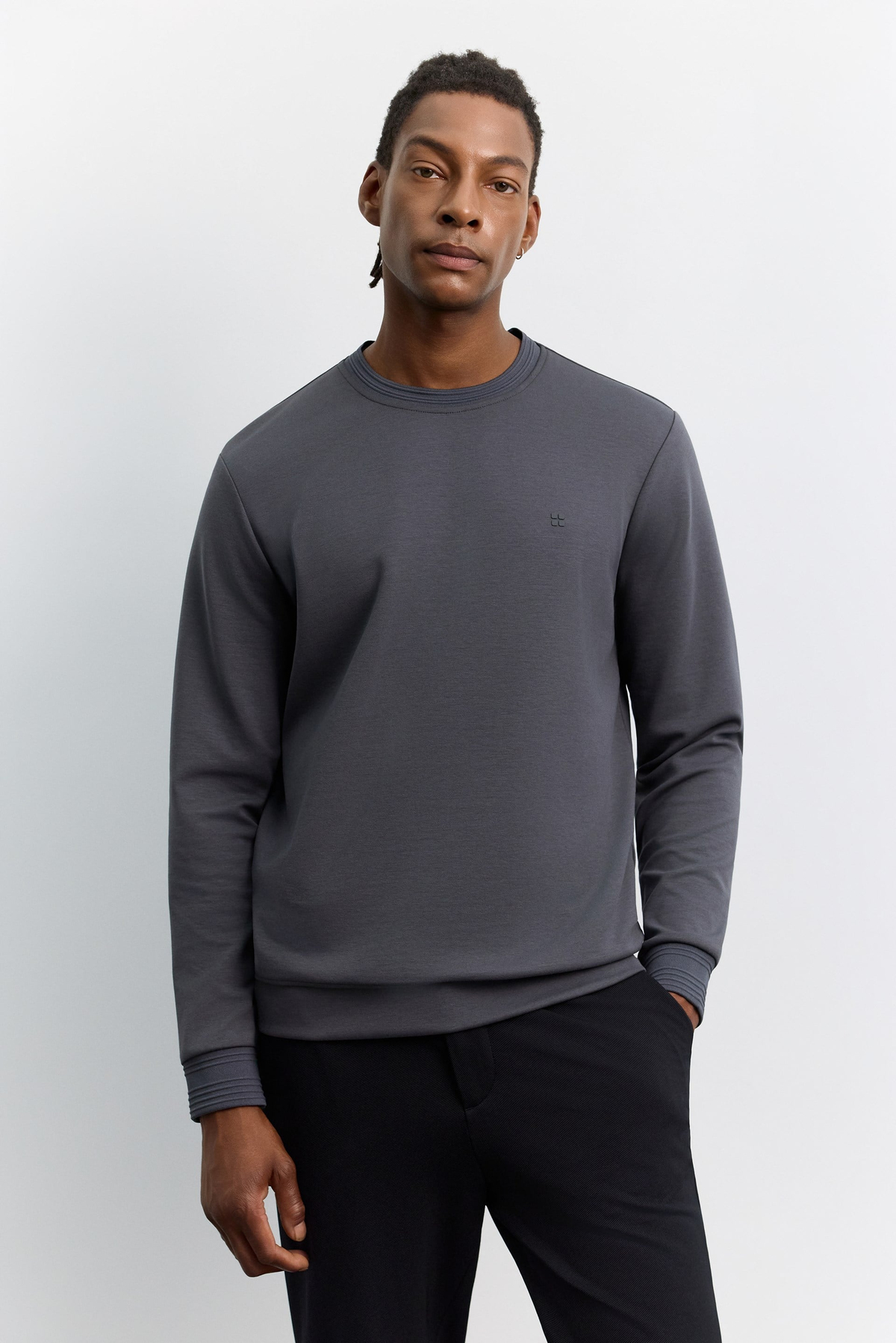 Antrasit Bisiklet Yaka Fitil Ribana İnterlok  Sweatshirt
