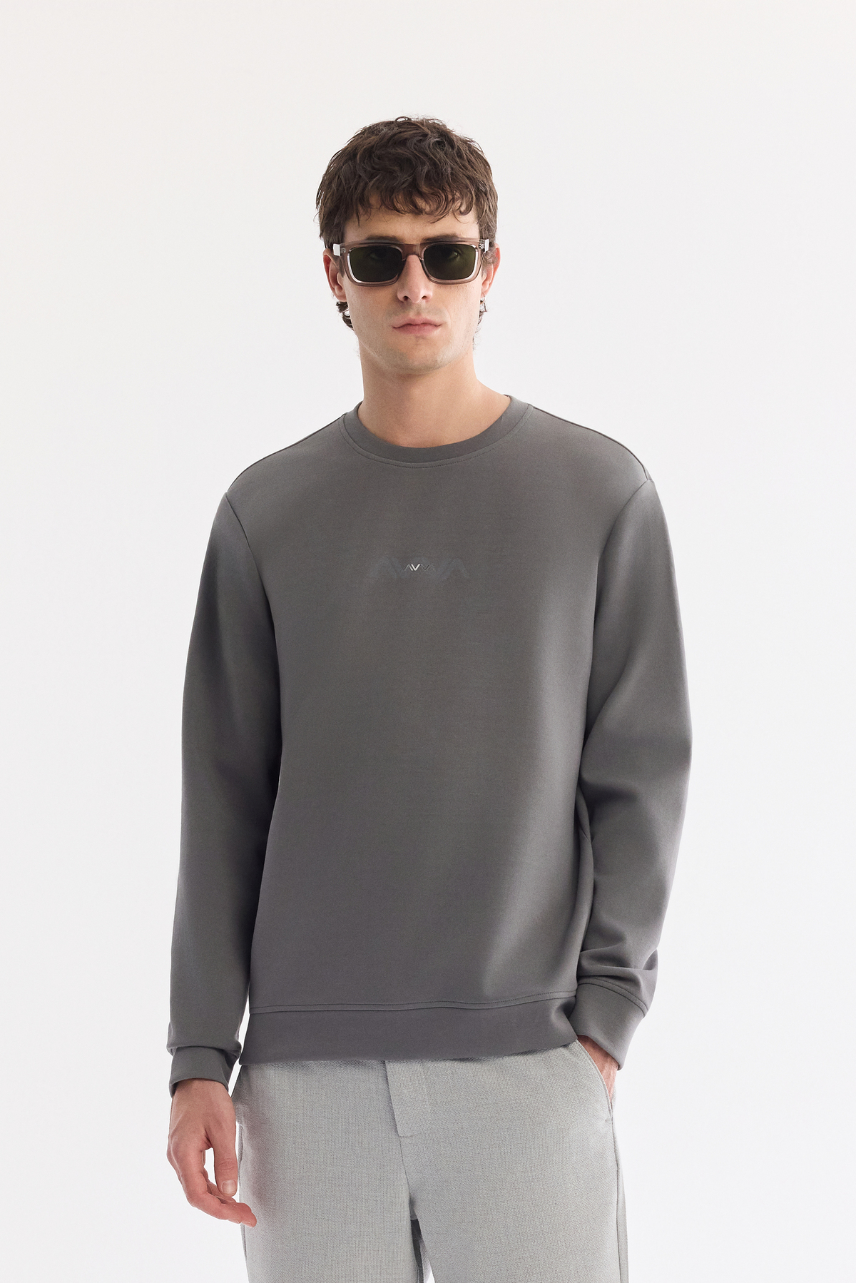 Antrasit Bisiklet Yaka Pamuklu Kolay Ütülenen Sweatshirt