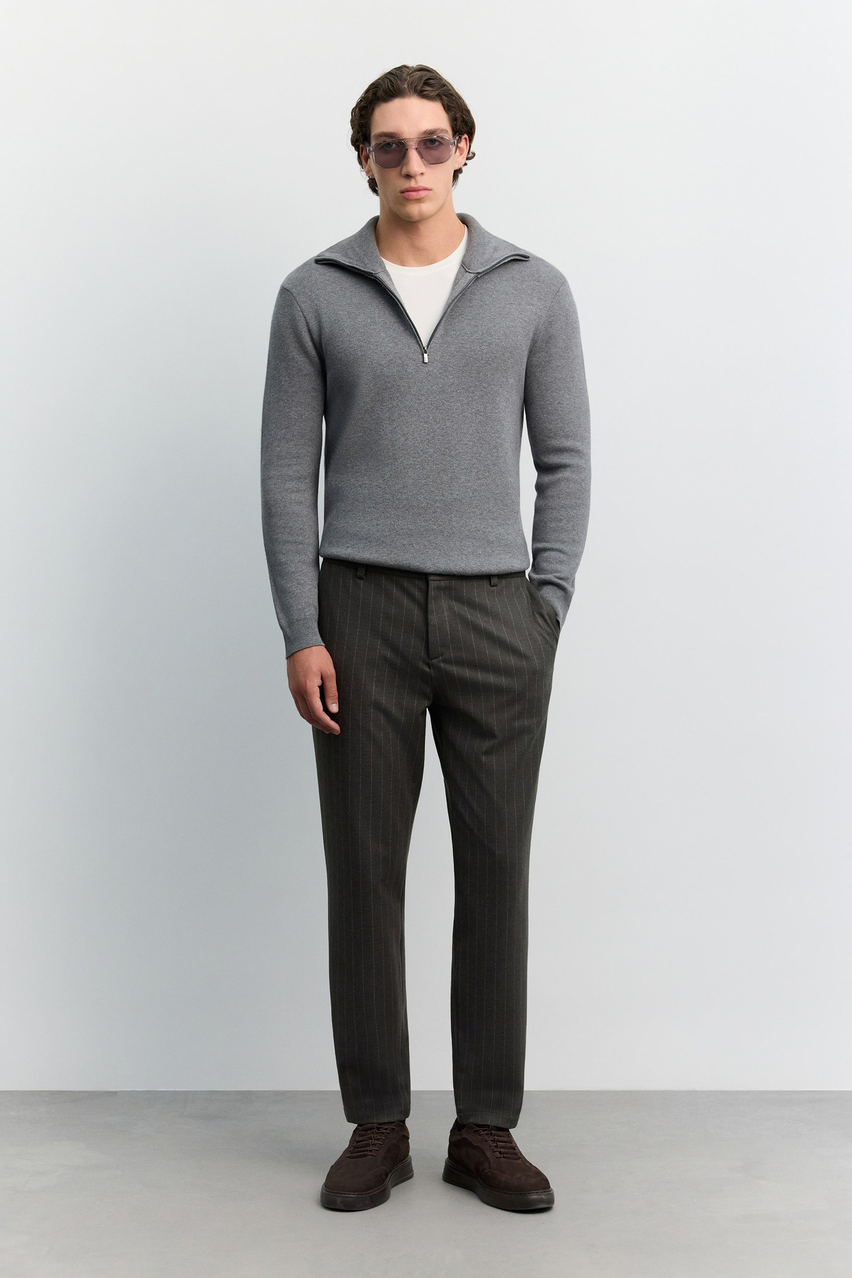 Antrasit Çizgili Flanel Örme Relaxed Fit Pantolon