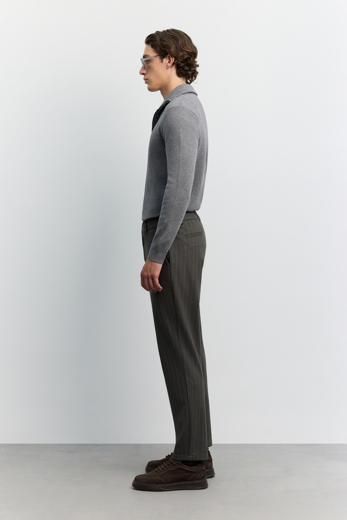 Antrasit Çizgili Flanel Örme Relaxed Fit Pantolon