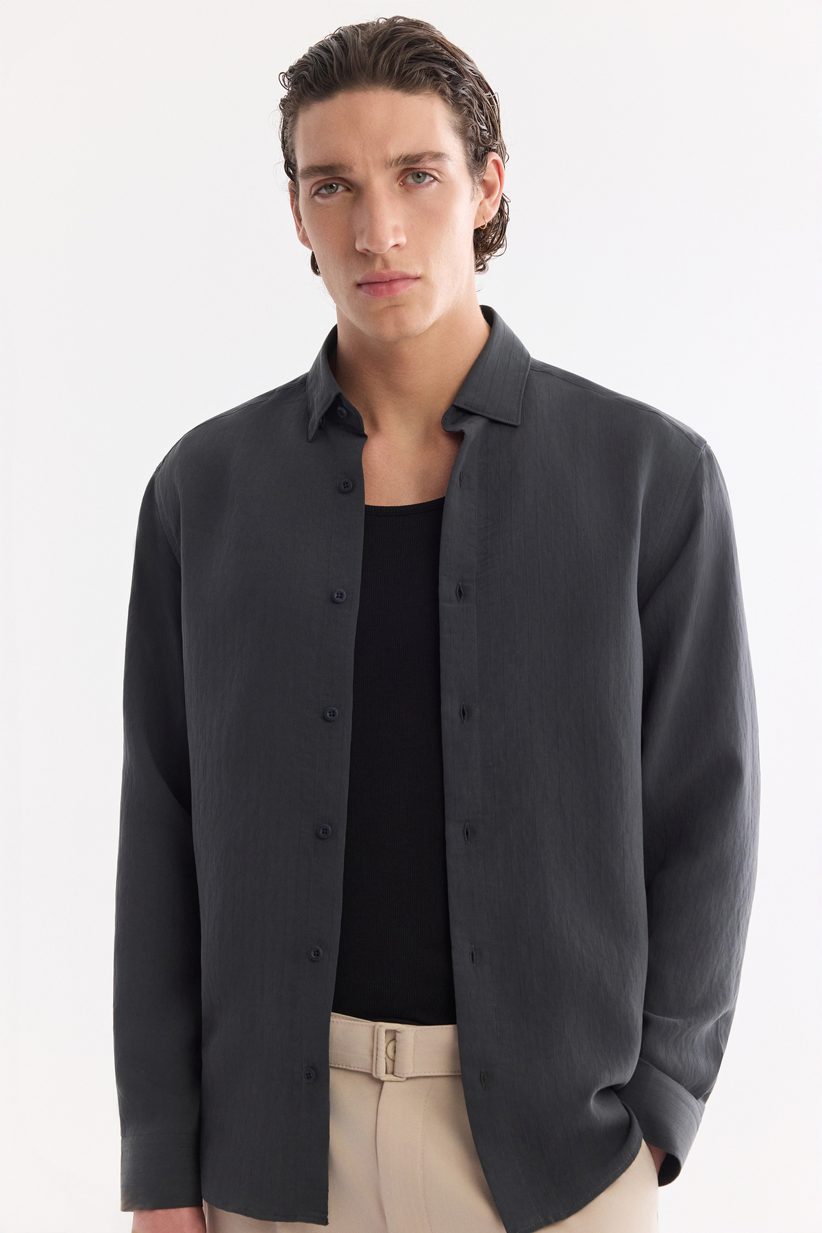 Anthracite Button-Down Collar Soft Touch Striped Shirt