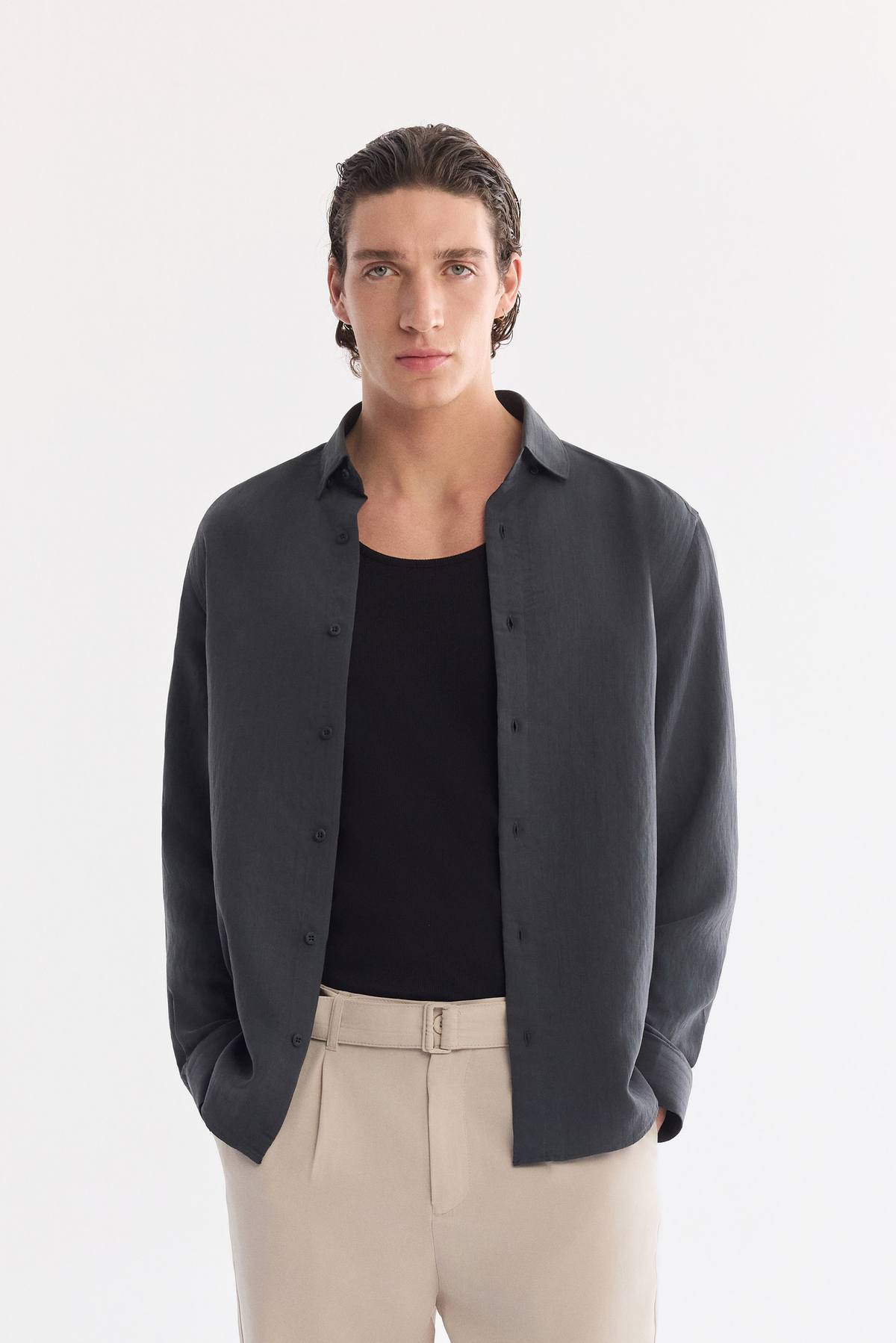 Anthracite Button-Down Collar Soft Touch Striped Shirt