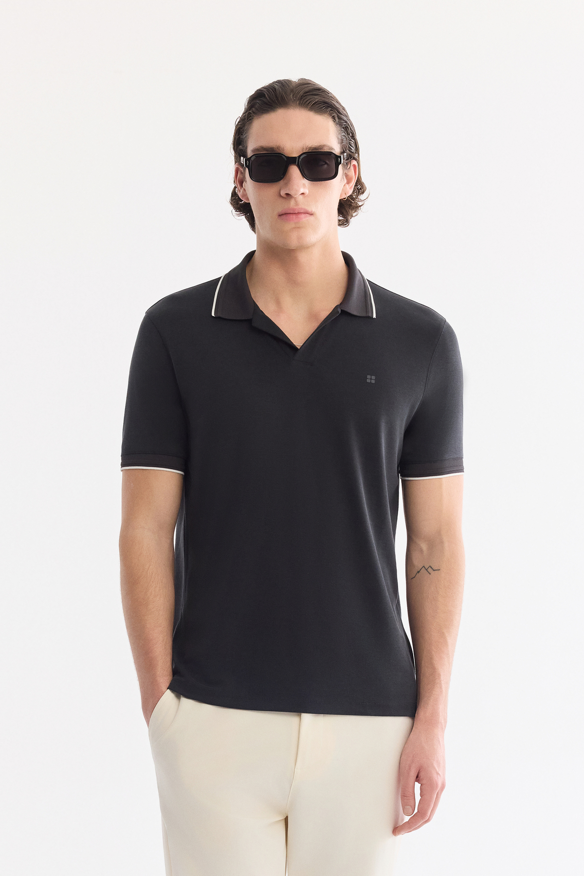 Antrasit Düğmesiz Polo Yaka Ecem Pike  T-Shirt