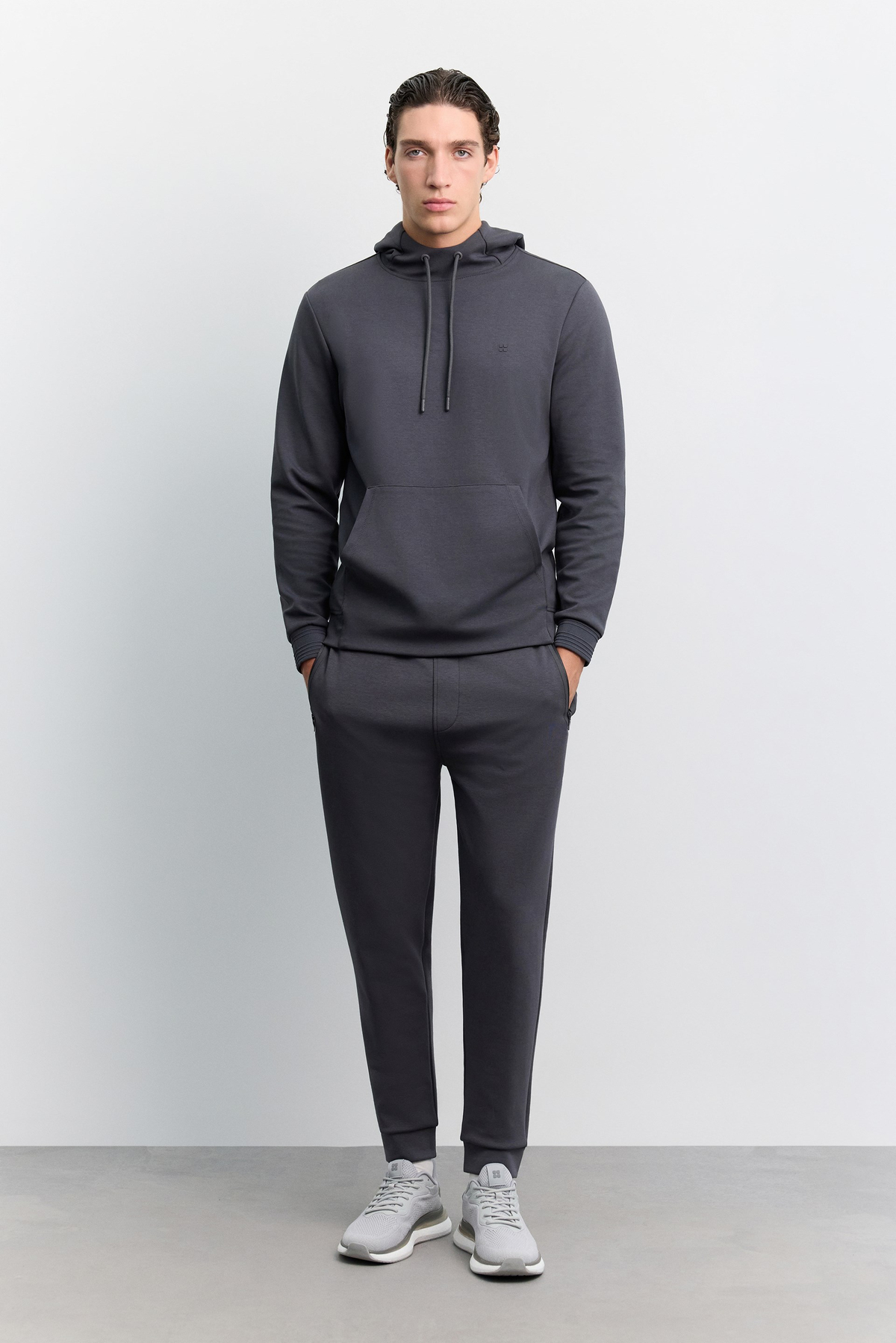 Antrasit Kapüşonlu Yaka Kanguru Cepli İnterlok Sweatshirt