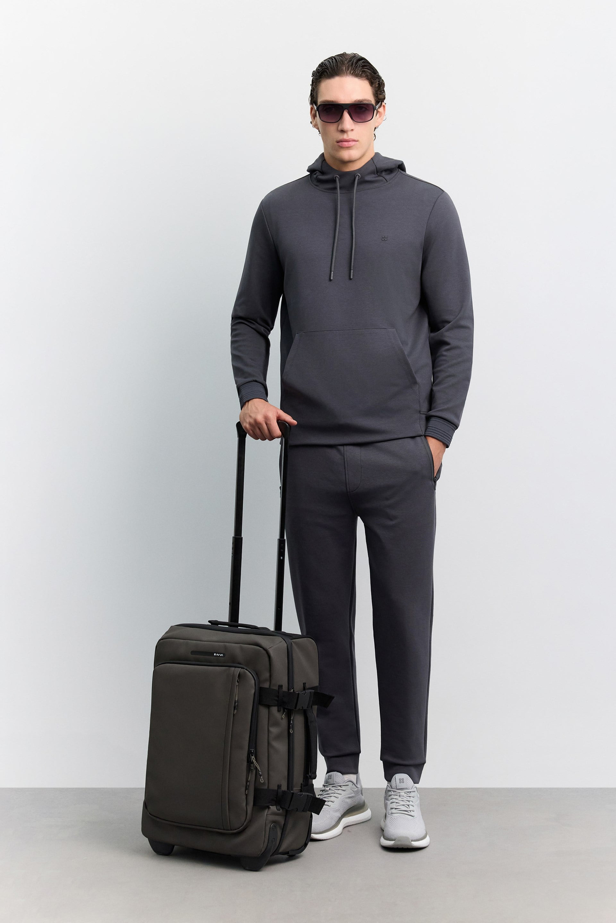 Antrasit Kapüşonlu Yaka Kanguru Cepli İnterlok Sweatshirt