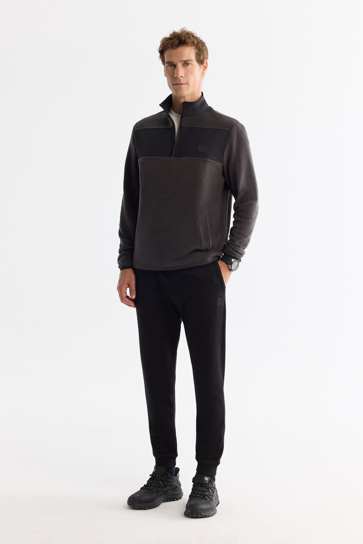 Antrasit Paraşüt Garnili Yarım Fermuar Polar Sweatshirt