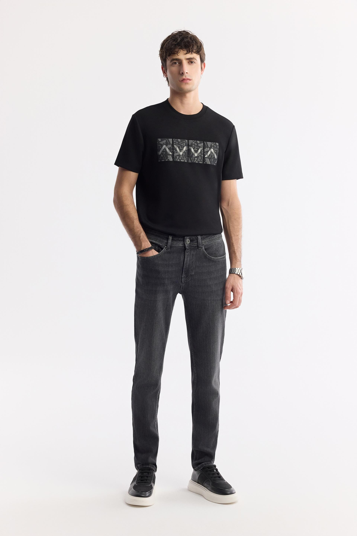 Antrasit Taş Yıkamalı Örme Slim Fit Denim Pantolon