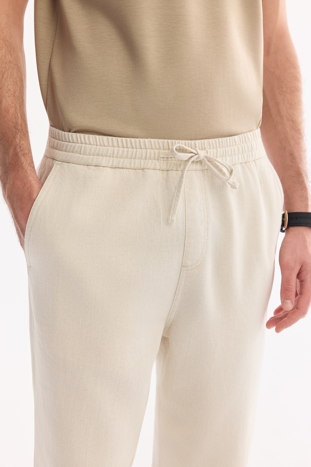 Bej Beli Full Lastikli Bağcıklı Jogger Pantolon