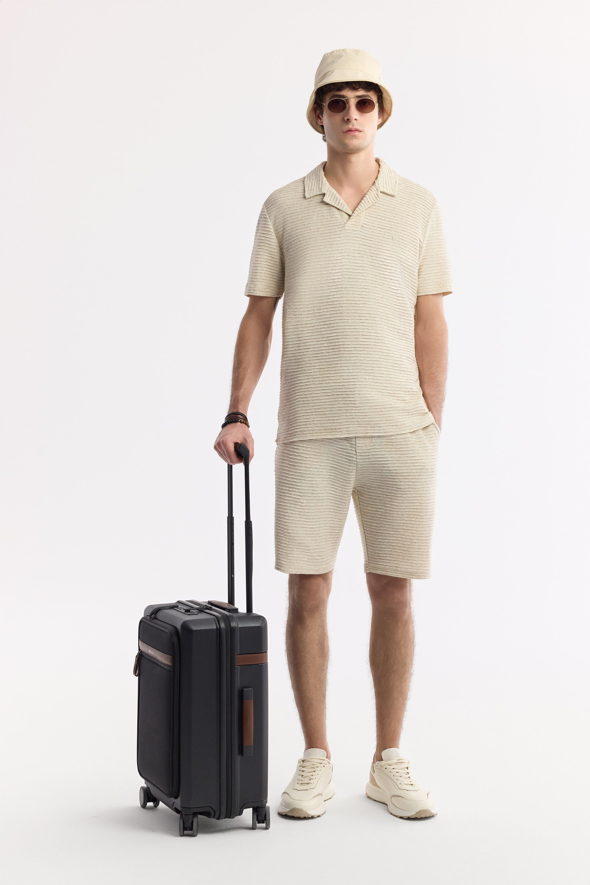 Beige Elastic Waist Drawstring Linen Blend Knit Shorts