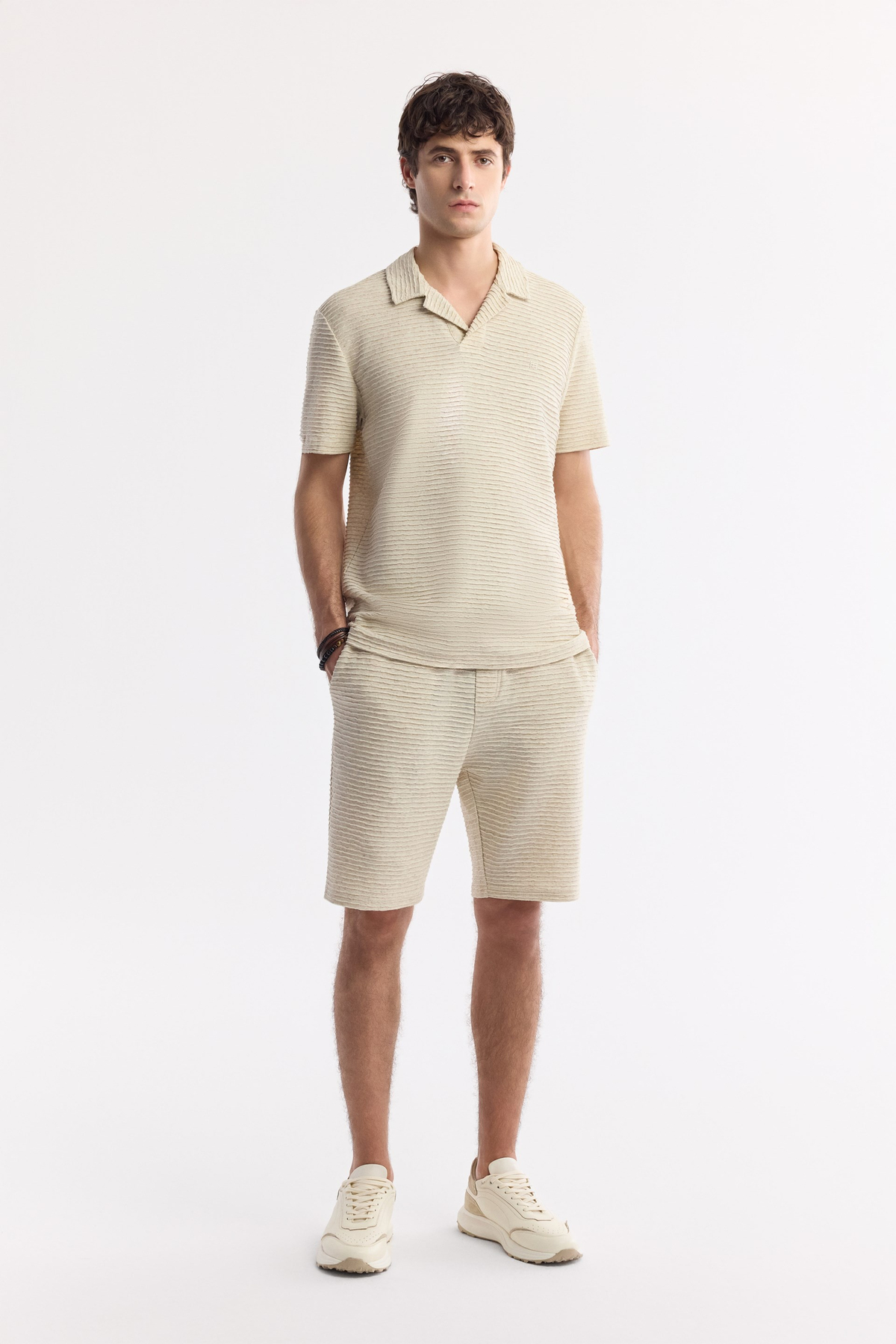 Beige Elastic Waist Drawstring Linen Blend Knit Shorts