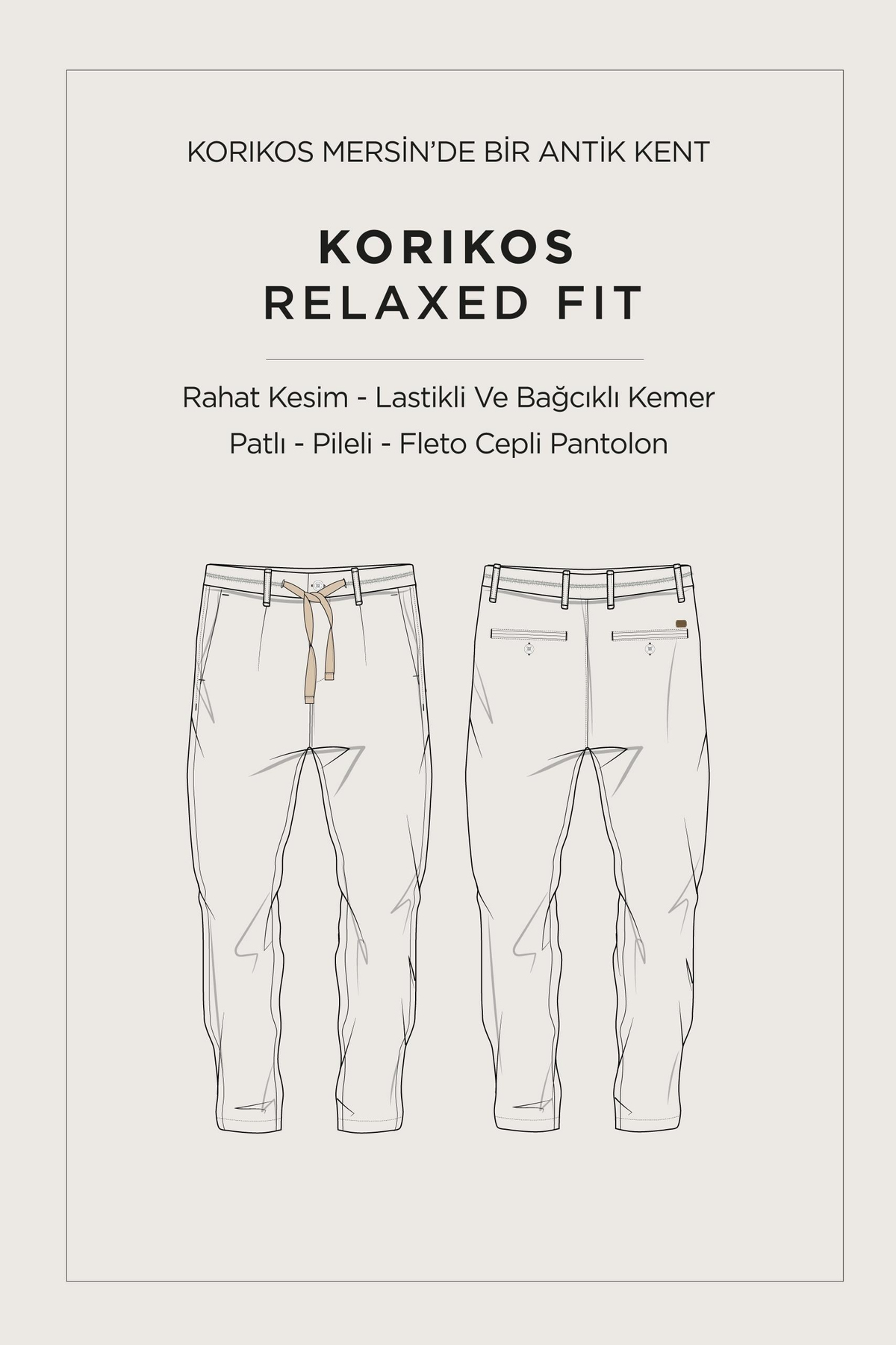 Bej Beli Lastikli Bağcıklı Ketenli Pamuk Dokulu Korıkos Relaxed Fit Chino Pantolon