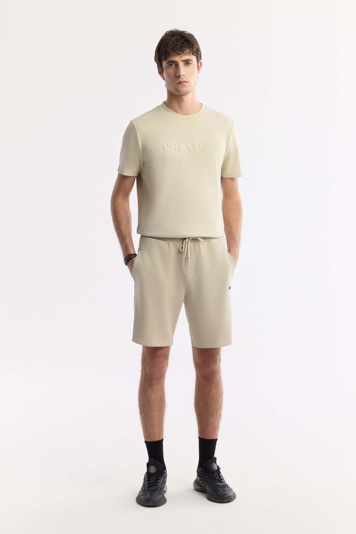 Beige Elastic Waist Drawstring Soft Touch Knit Shorts