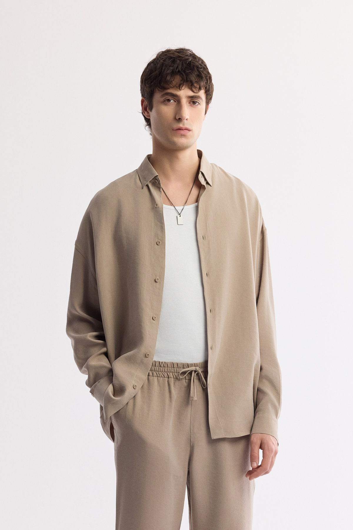  Beige Elastic Waist Drawstring Modal Blend Pants