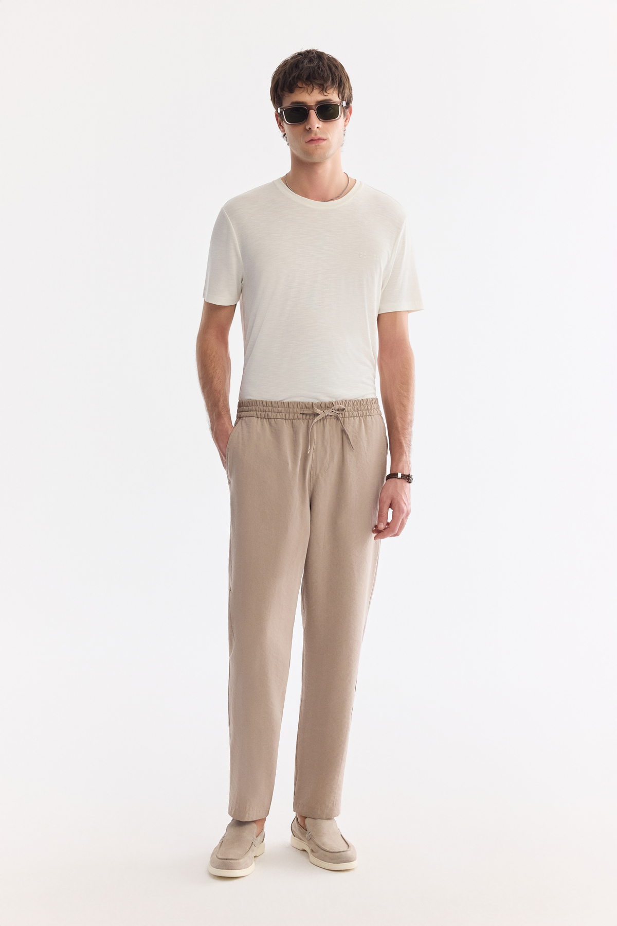Bej Beli Lastikli Modal Karısımlı Rahat Kesim Truva Relaxed Fit Pantolon