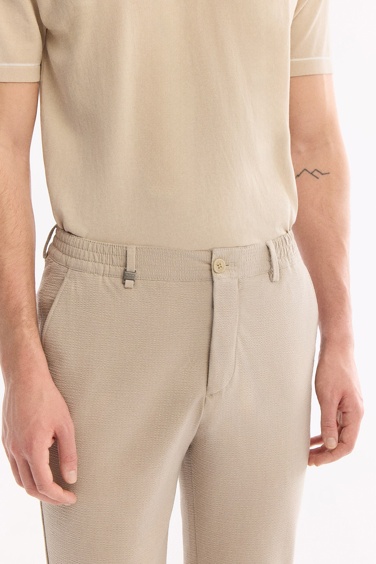 Bej Beli Lastikli Viskon Karışımlı Elastan Chino Pantolon