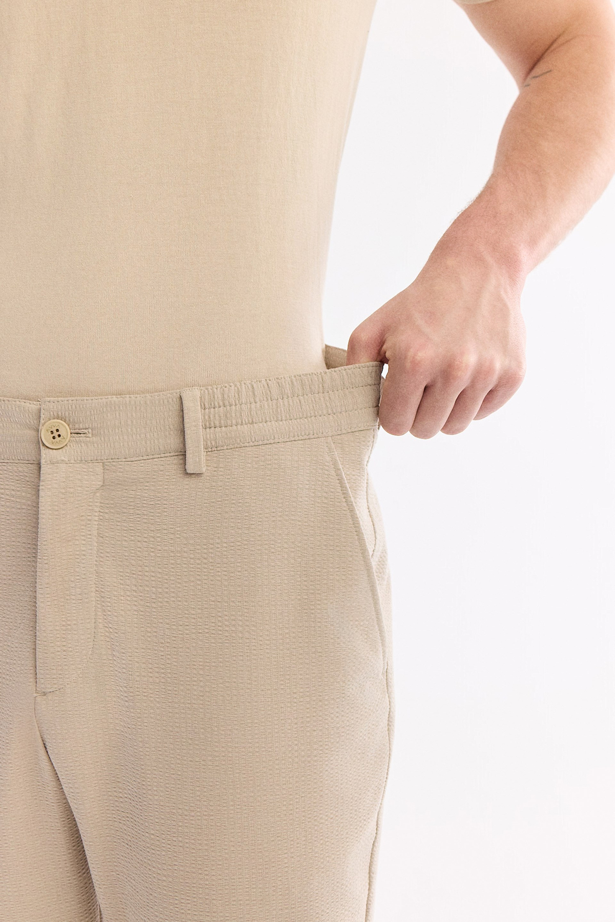Bej Beli Lastikli Viskon Karışımlı Elastan Chino Pantolon