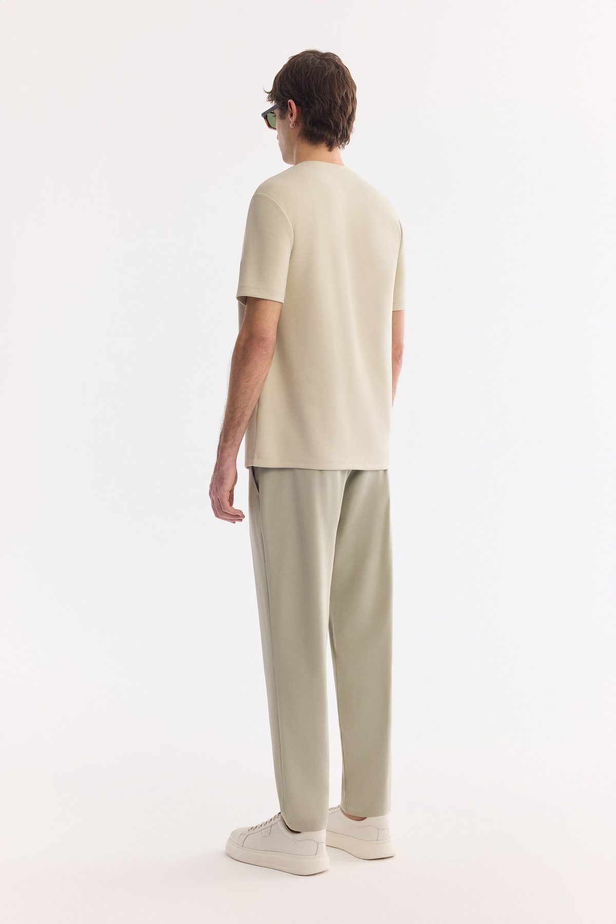 Bej Bisiklet Yaka Baskılı Bi-Stretch İnterlok T-Shirt