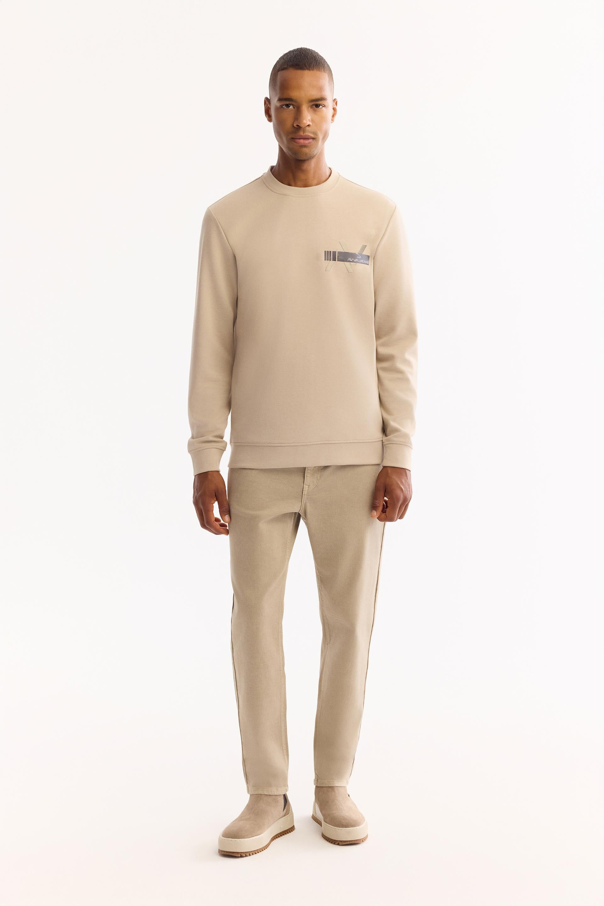 Bej Bisiklet Yaka Göğsü Hologram Baskı  İnterlok Sweatshirt