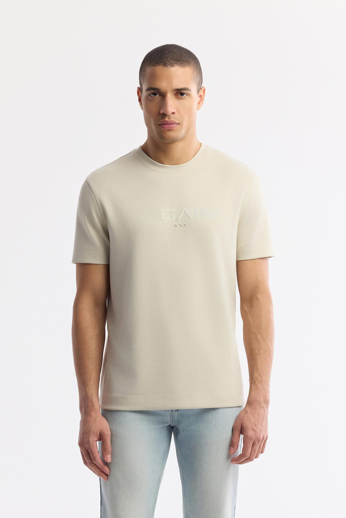 Bej Bisiklet Yaka Hologram Baskılı İnterlok T-Shirt