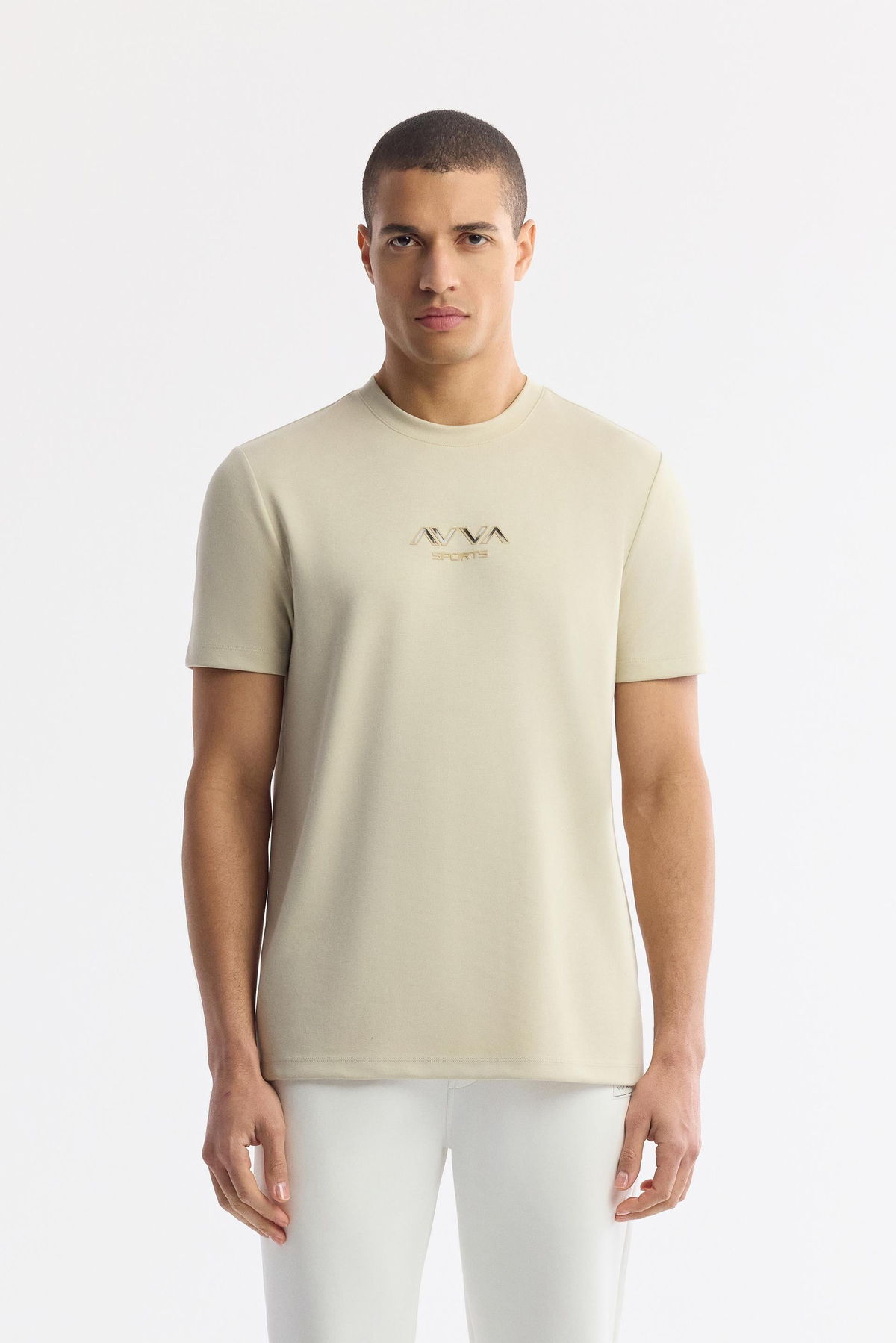Bej Bisiklet Yaka Hologram Baskılı İnterlok T-Shirt