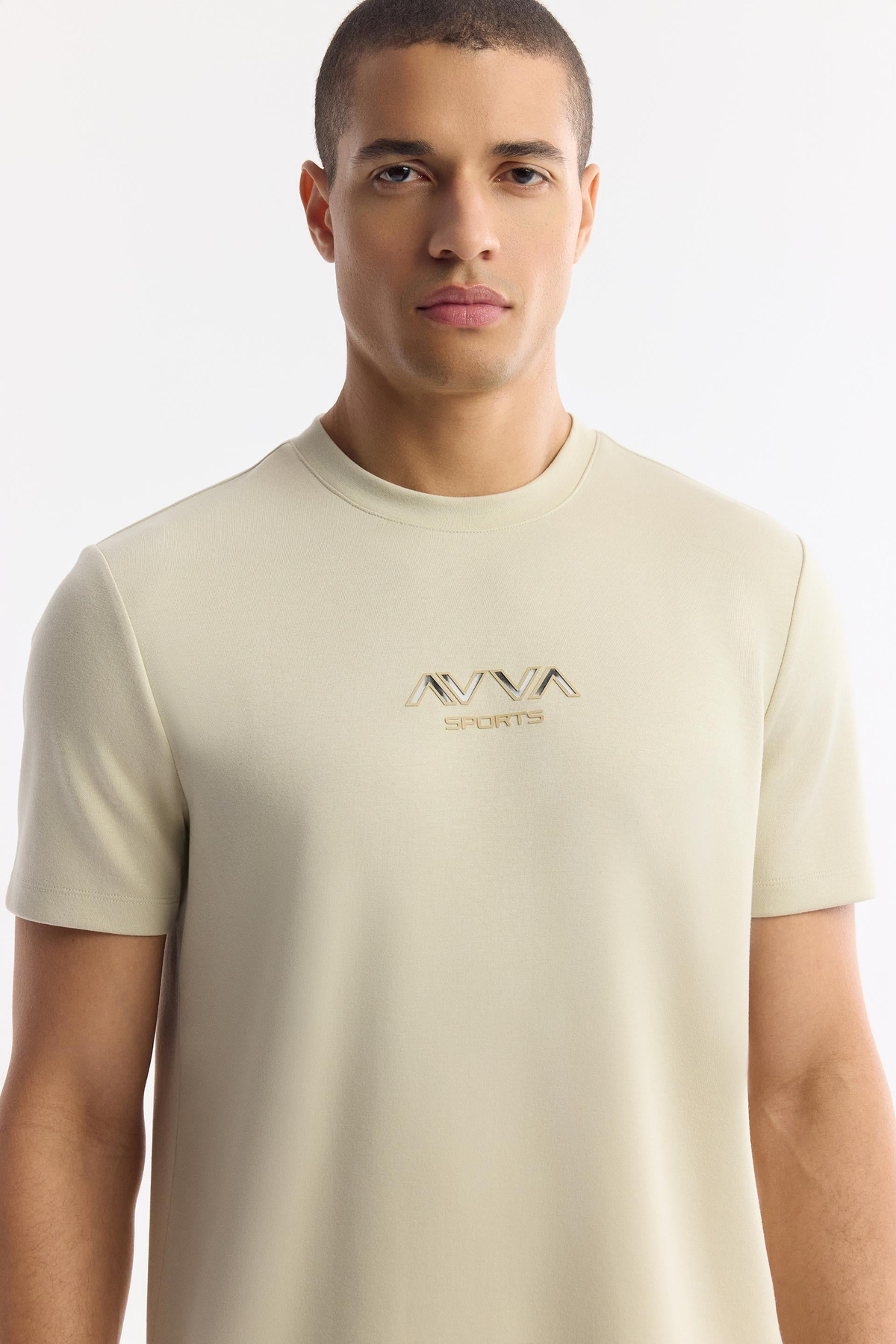 Bej Bisiklet Yaka Hologram Baskılı İnterlok T-Shirt