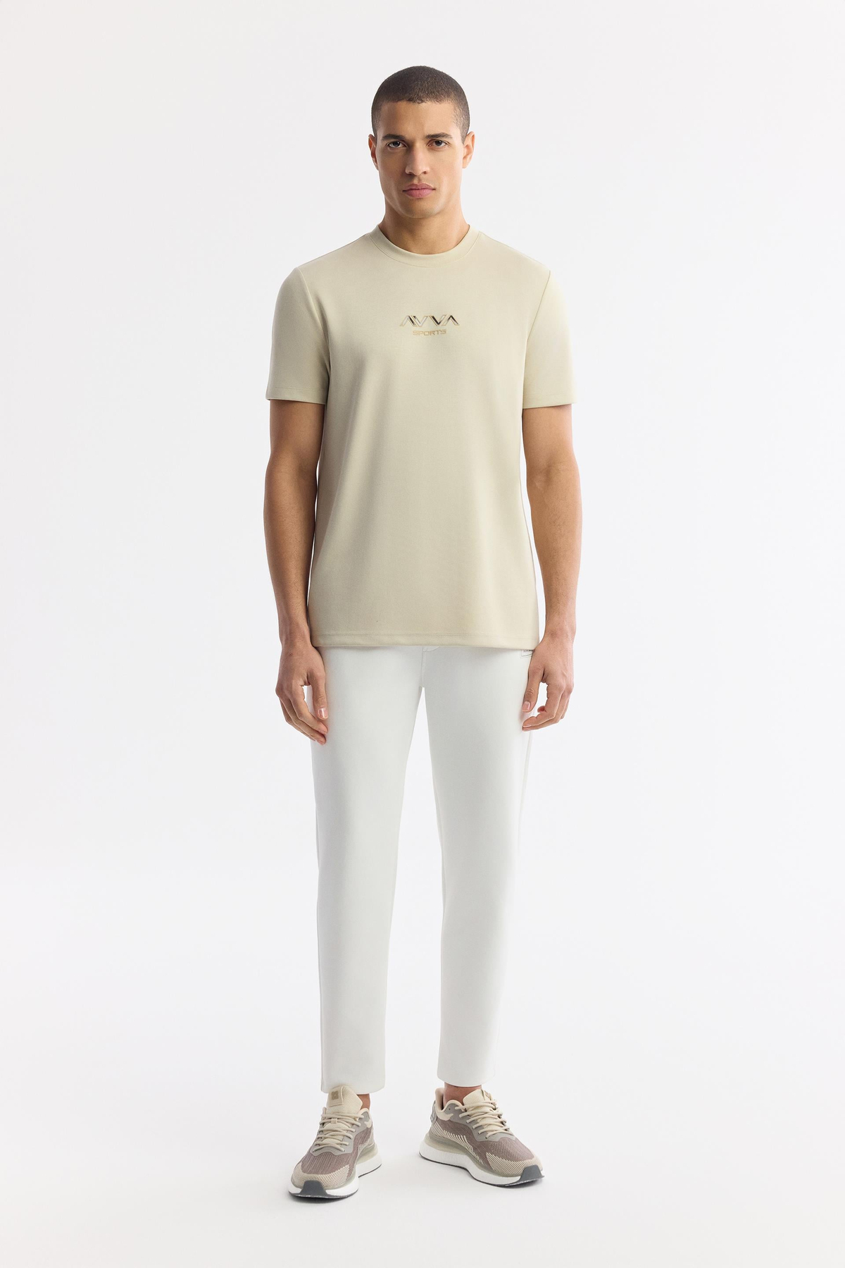 Bej Bisiklet Yaka Hologram Baskılı İnterlok T-Shirt