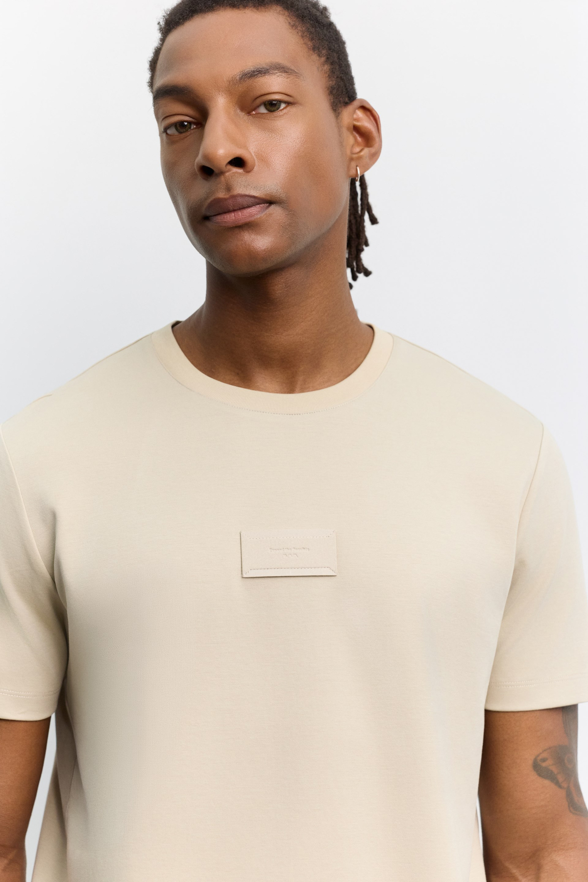 Bej Bisiklet Yaka Jacron  Baskılı İnterlok T-Shirt