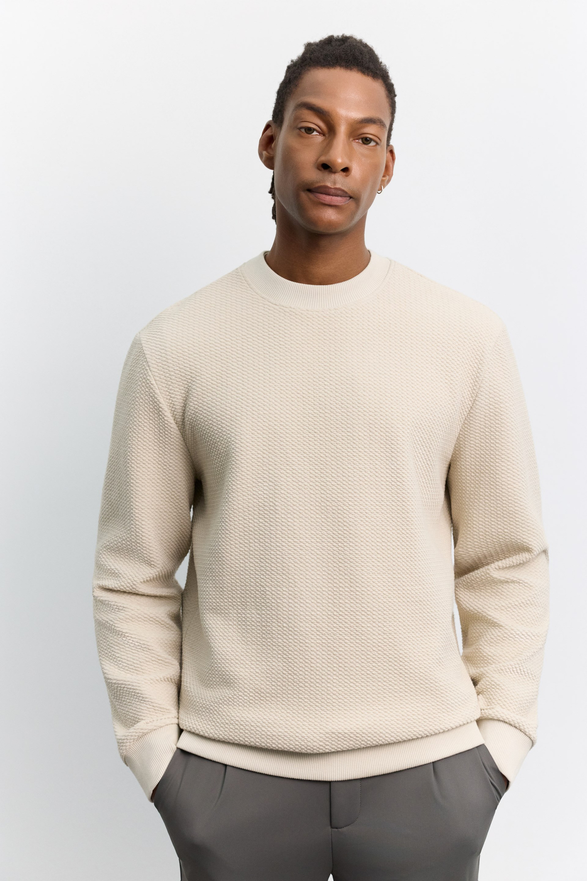 Bej Bisiklet Yaka Jakarlı Sweatshirt