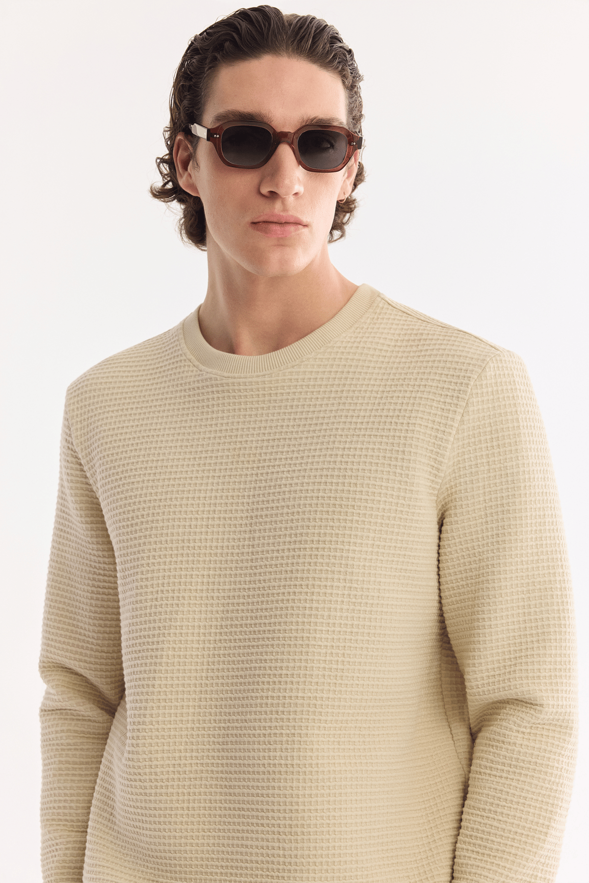 Bej Bisiklet Yaka Pamuklu Kolay Ütülenen Sweatshirt