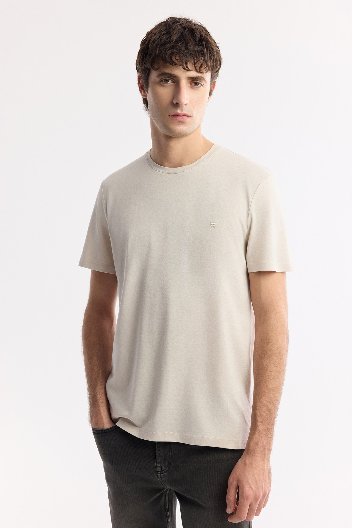 Bej Bisiklet Yaka Soft Touch Basic T-Shirt