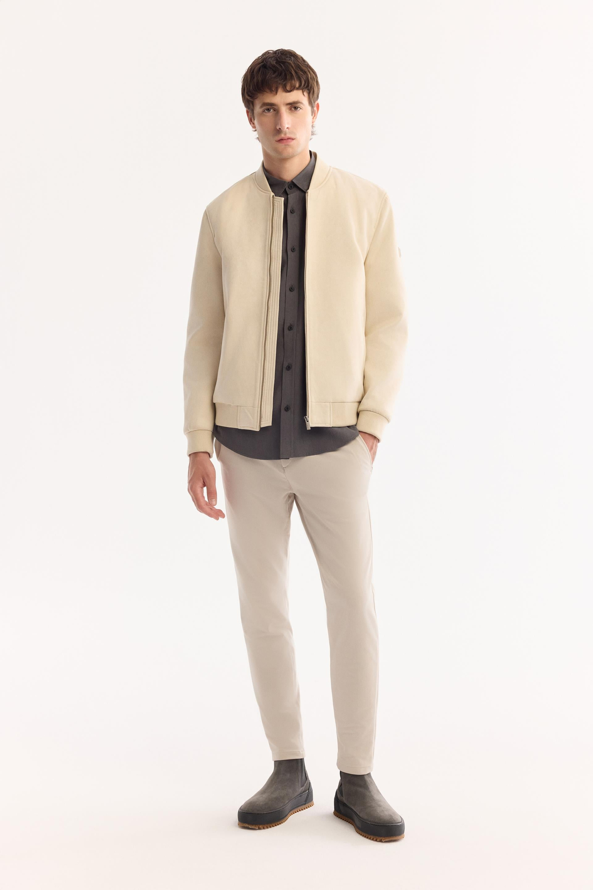 Beige Faux Suede Bomber Jacket