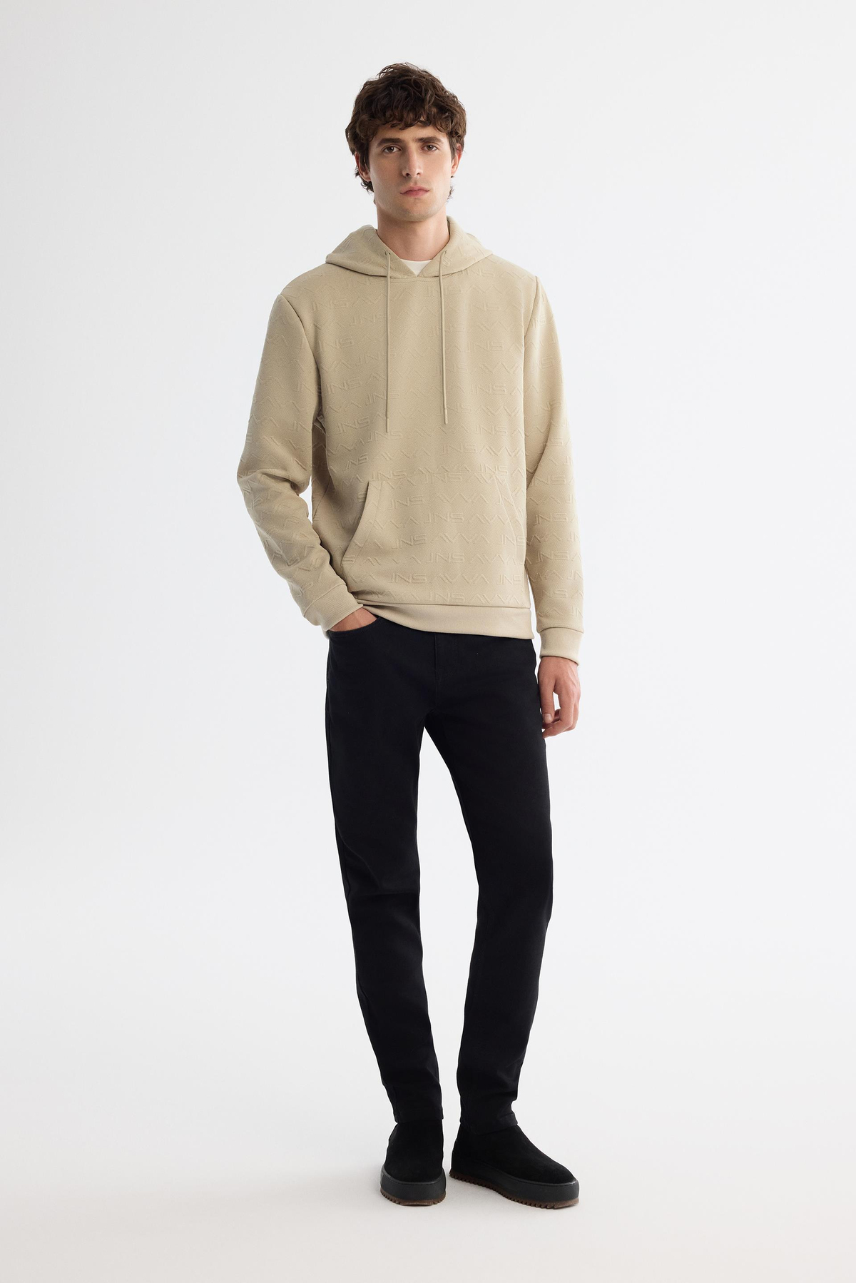 Bej Kapüşonlu Baskılı Sweatshirt