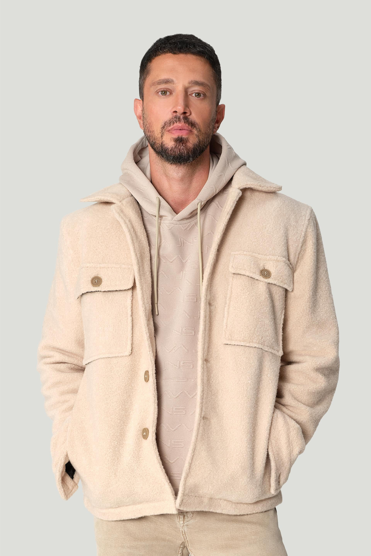 Bej Kapüşonlu Yaka Baskılı Sweatshirt