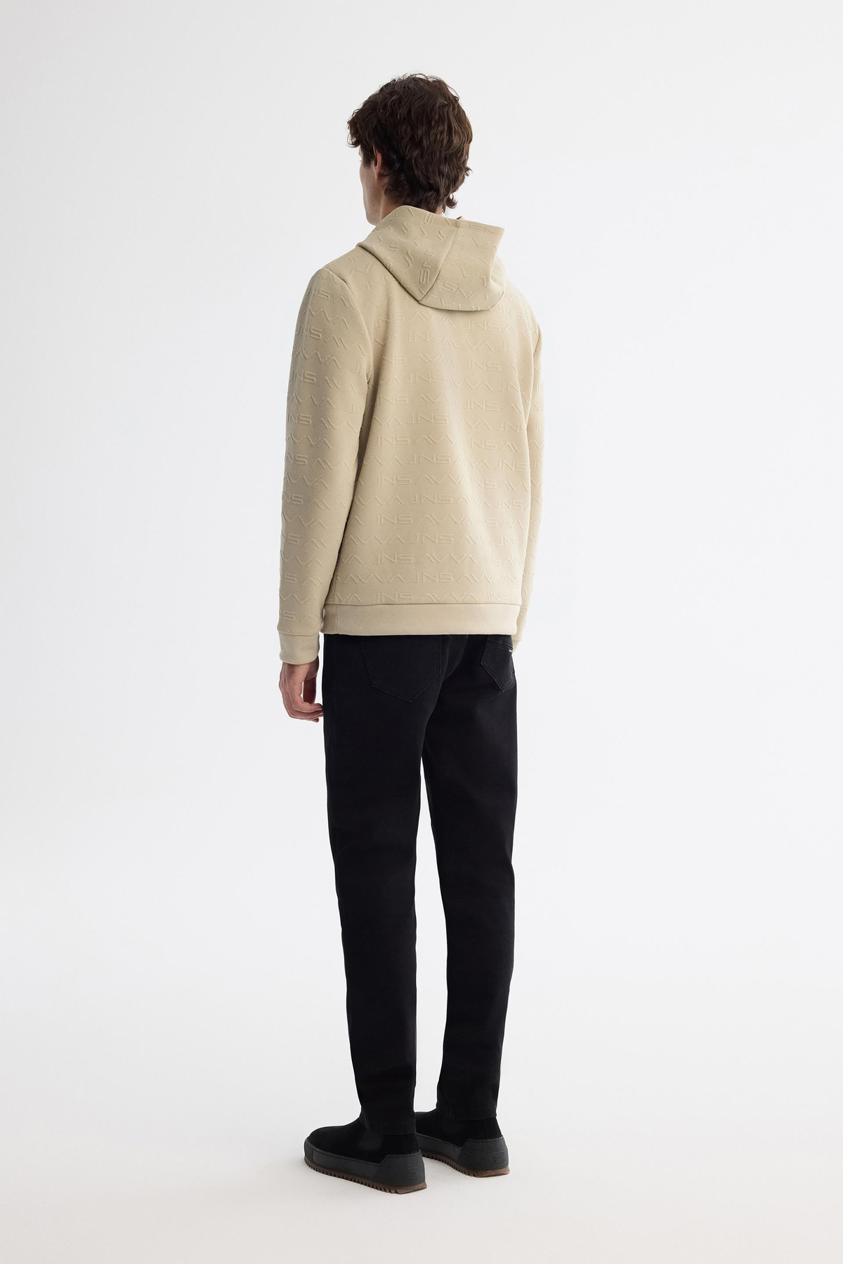 Bej Kapüşonlu Yaka Jakarlı Sweatshirt