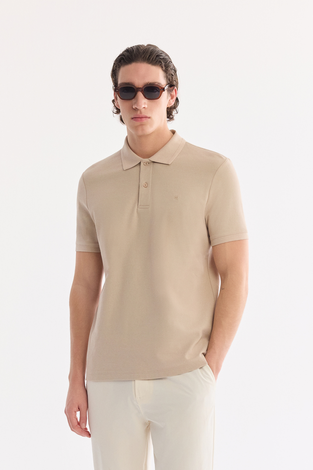Beige %100 Cotton Polo Collar T-Shirt