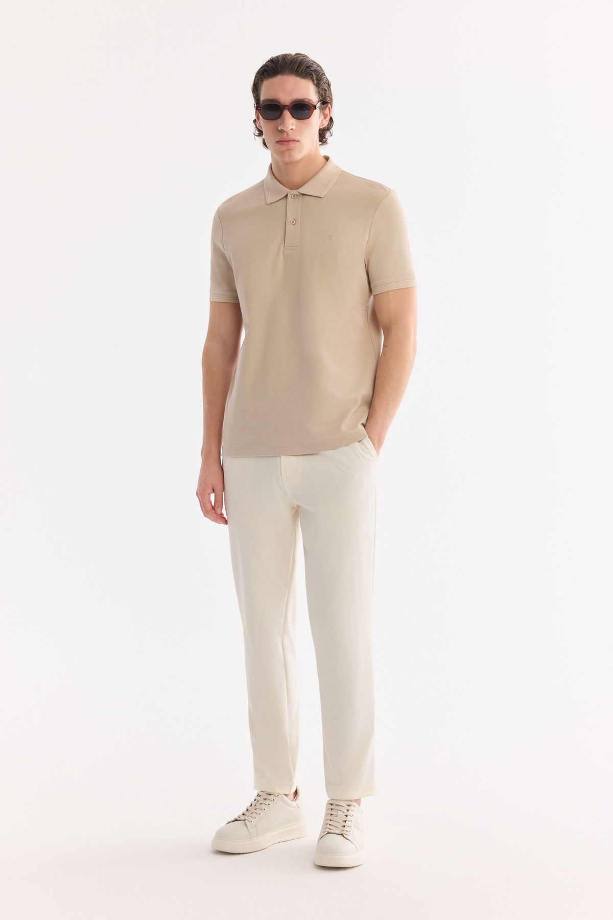 Beige %100 Cotton Polo Collar T-Shirt