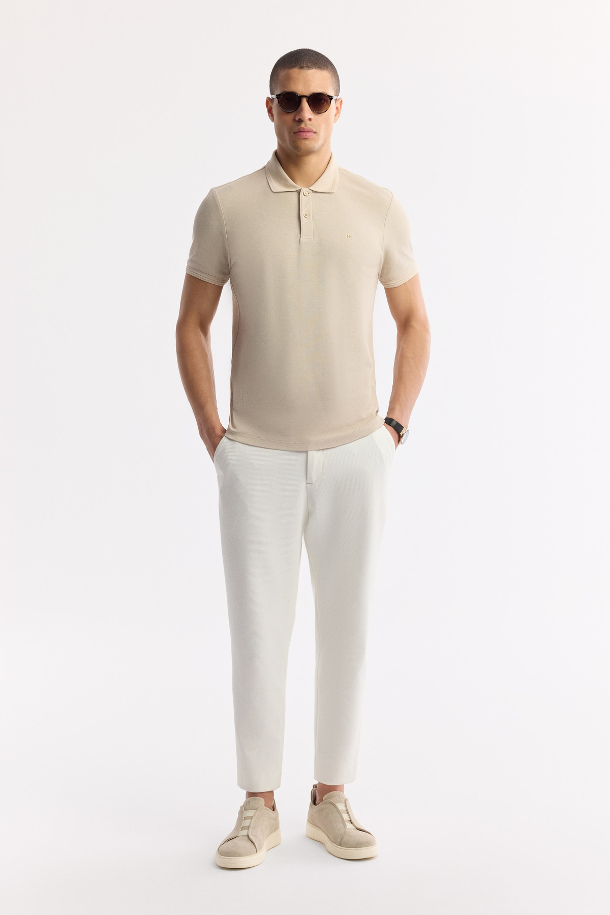 Bej Kıvrılmaz Polo Yaka %100 Pamuk Basic T-Shirt