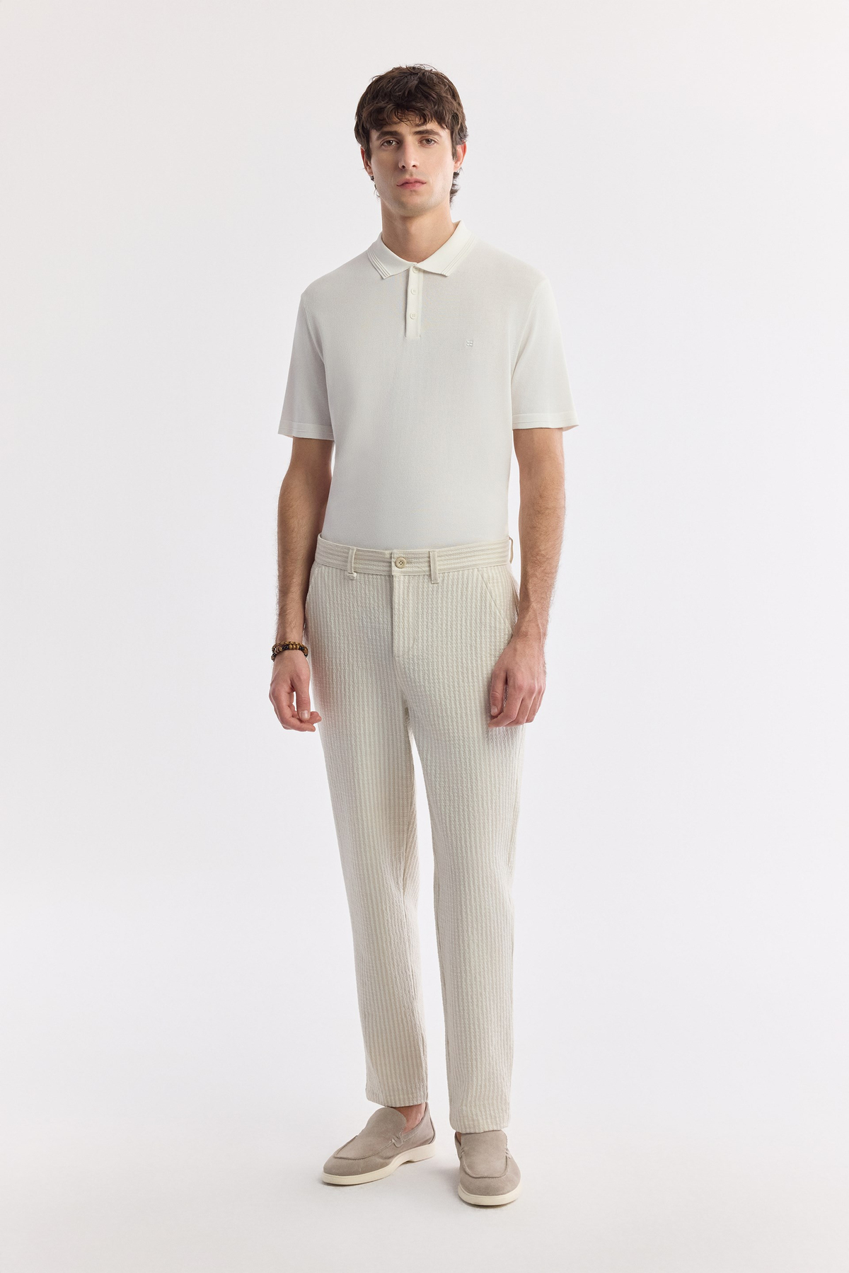  Beige Classic Waist Viscose Blend Puckered Pants