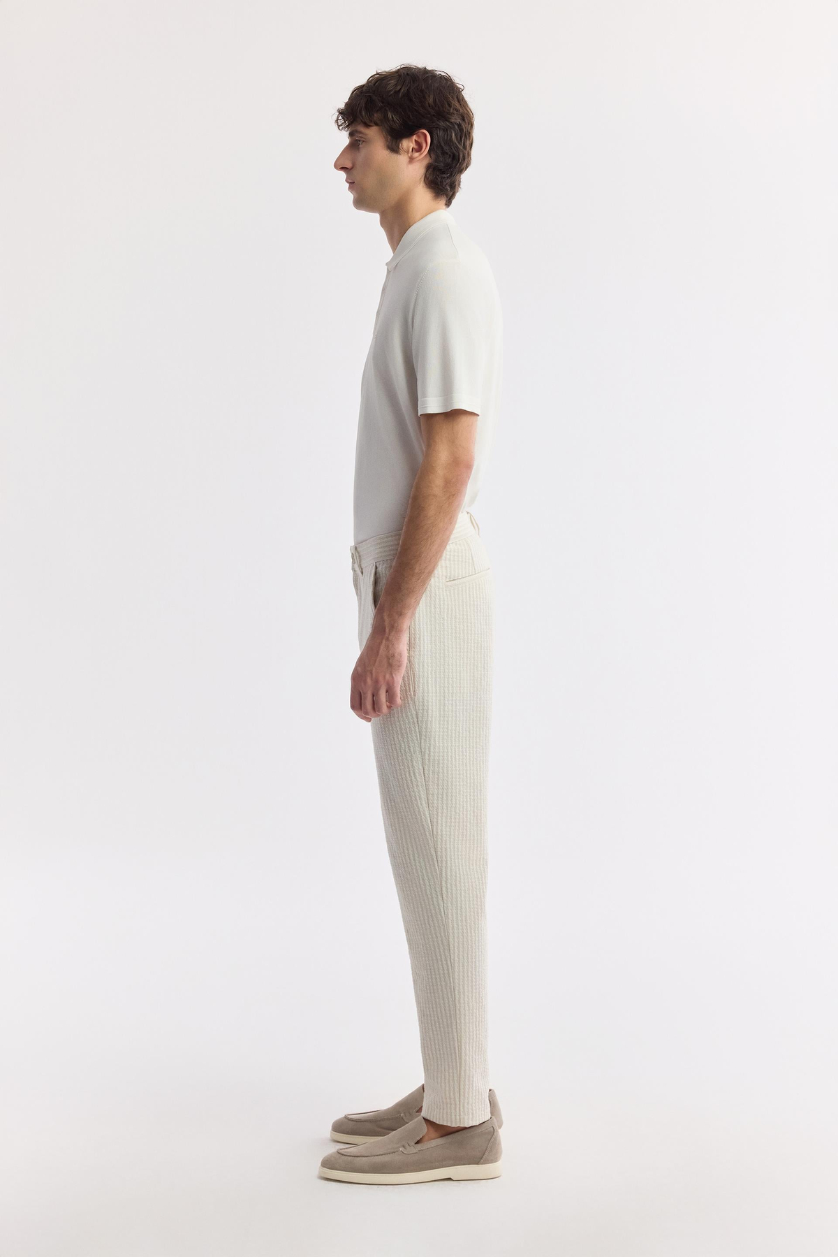 Bej Klasilk Bel Gofre Çizgili Perintos Relaxed Fit Pantolon