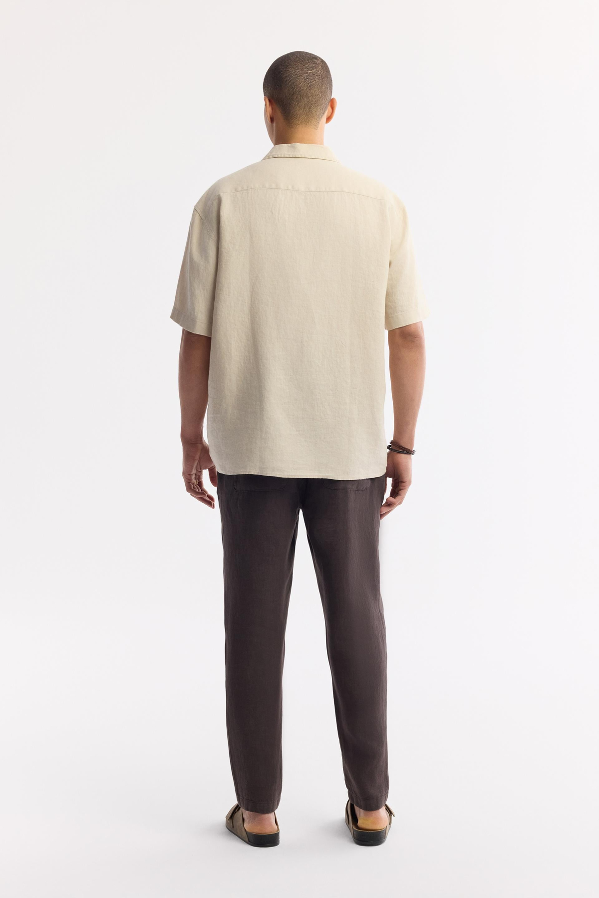 Bej Küba Yaka %100 Keten Kısa Kol Rahat Kesim Oversize Fit Kısa Kol Gömlek