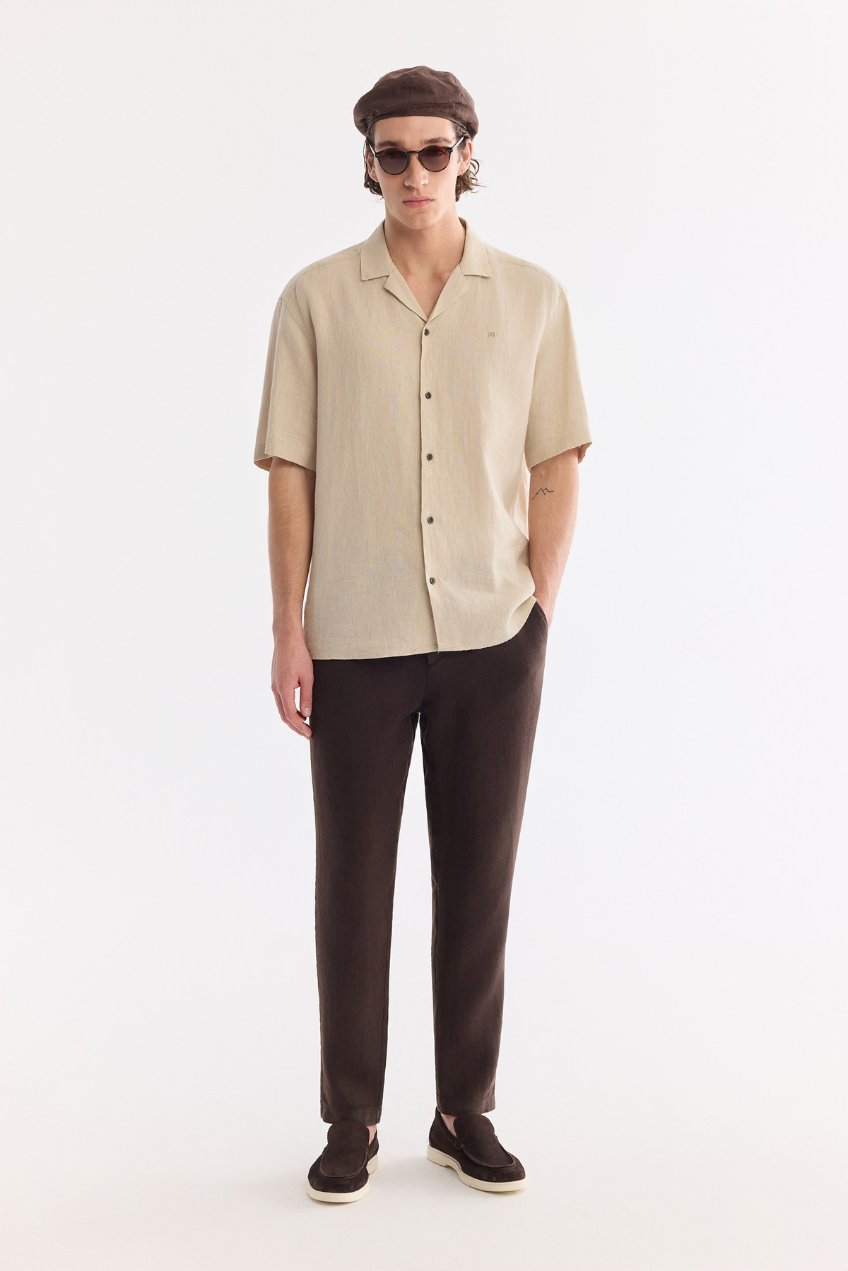 Bej Küba Yaka %100 Keten Rahat Kesim Oversize Fit Kısa Kol Gömlek