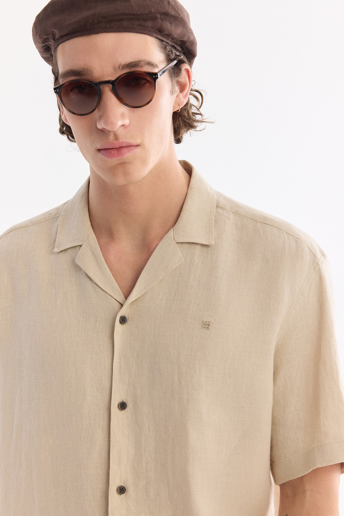 Bej Küba Yaka %100 Keten Rahat Kesim Oversize Fit Kısa Kol Gömlek