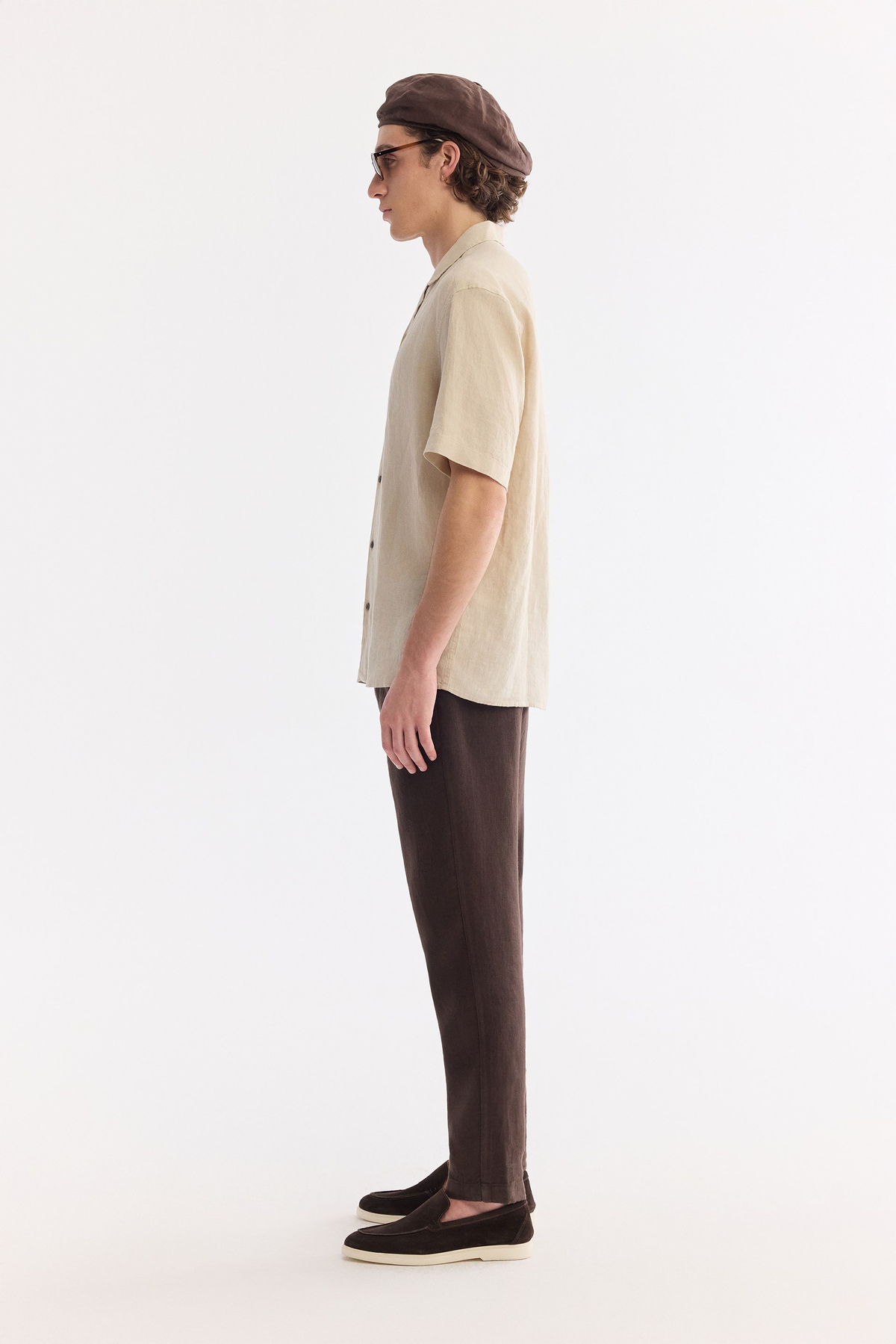 Bej Küba Yaka %100 Keten Rahat Kesim Oversize Fit Kısa Kol Gömlek