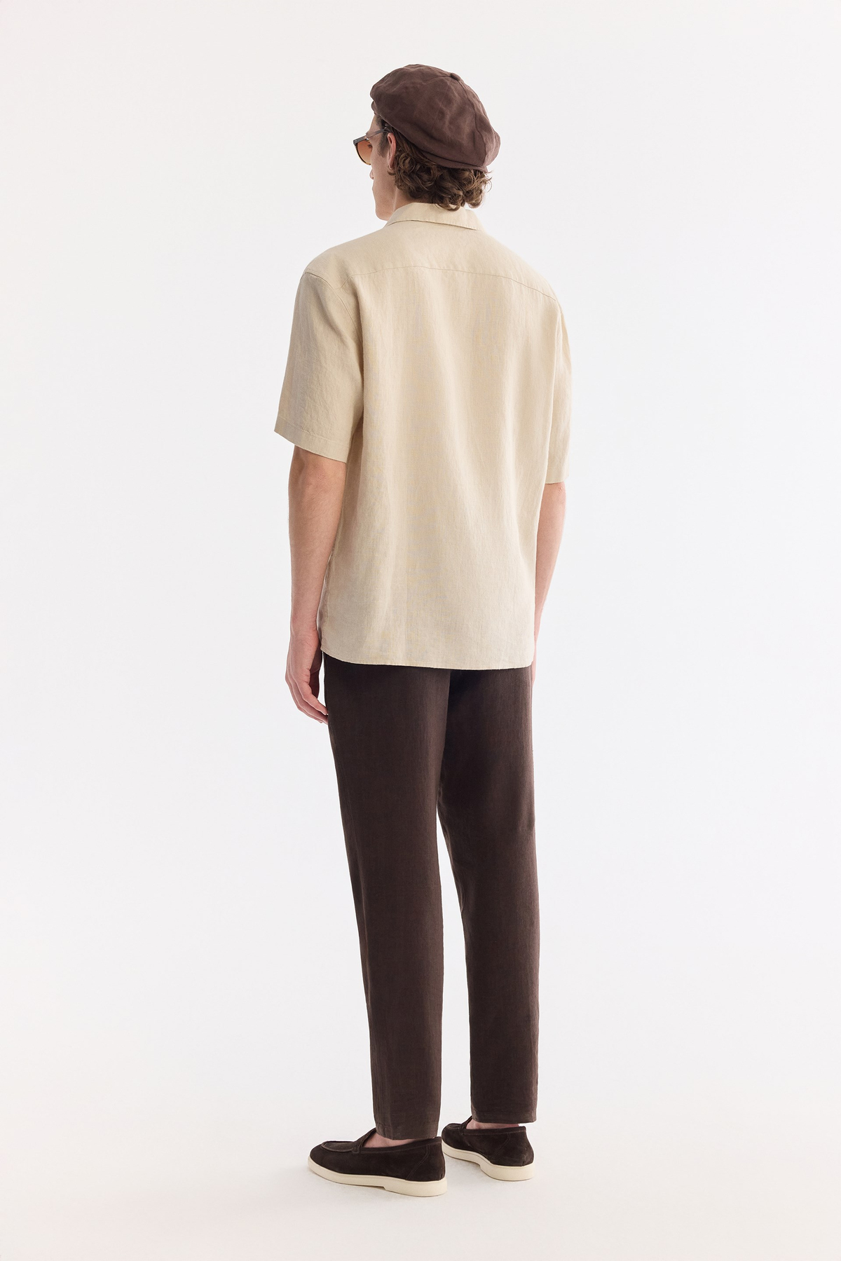 Bej Küba Yaka %100 Keten Rahat Kesim Oversize Fit Kısa Kol Gömlek