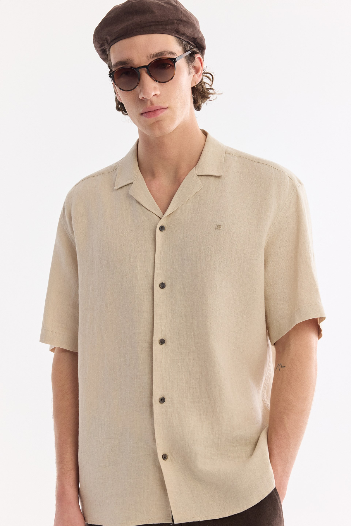 Bej Küba Yaka %100 Keten Rahat Kesim Oversize Fit Kısa Kol Gömlek