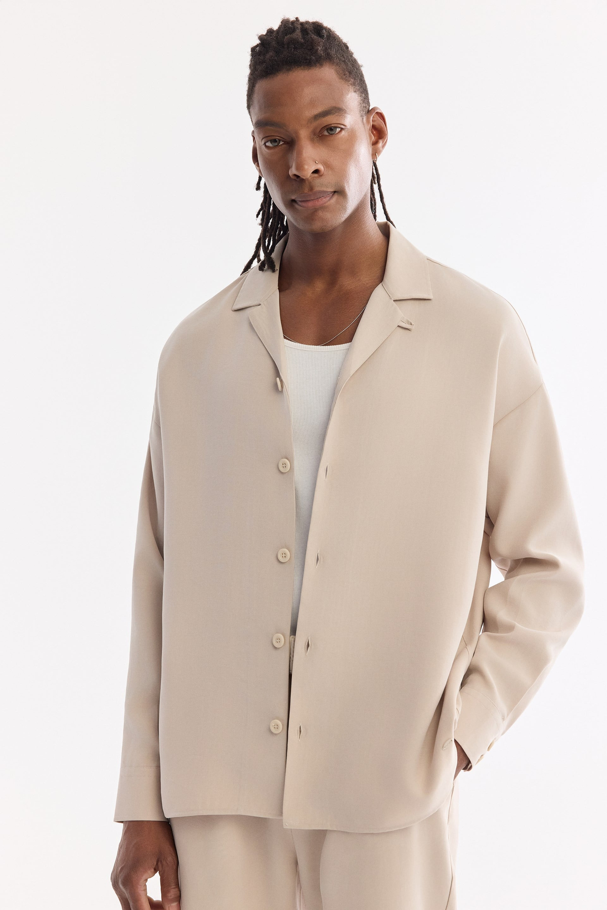 Bej Küba Yaka Modal Karışımlı Oversize Fit Uzun Kol Gömlek
