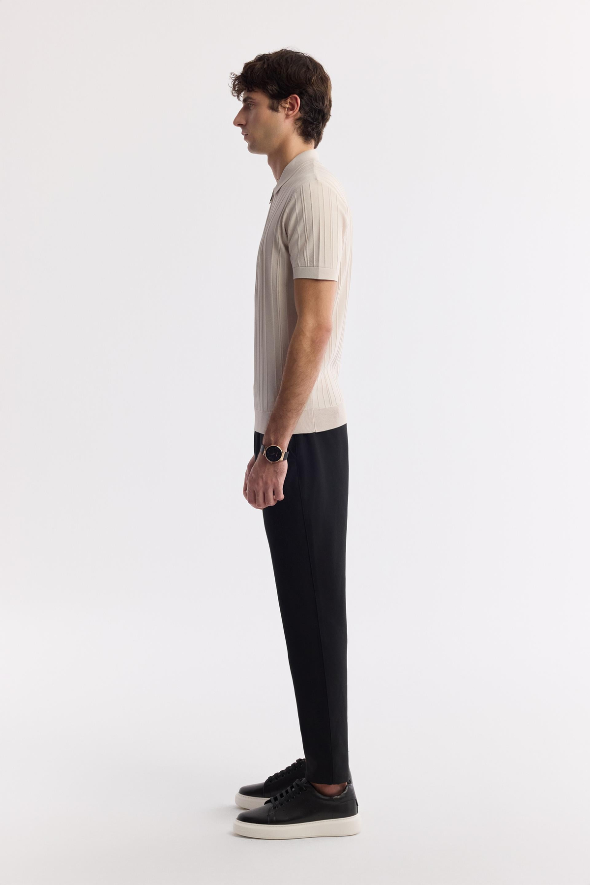 Bej Polo Yaka Fermuarlı Fitil Örgü Detaylı Rayon Triko T-shirt