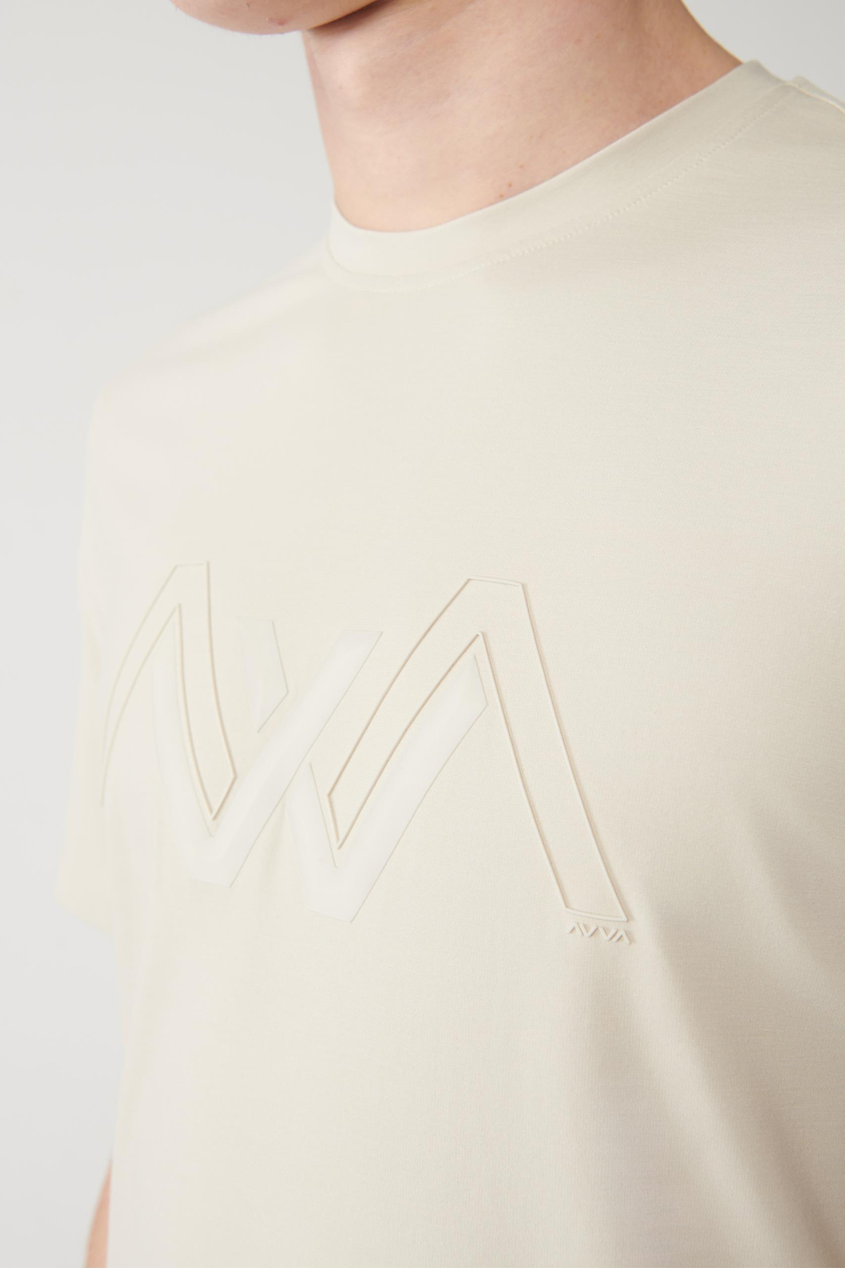Bej Soft Touch Baskılı Bisiklet Yaka T-shirt